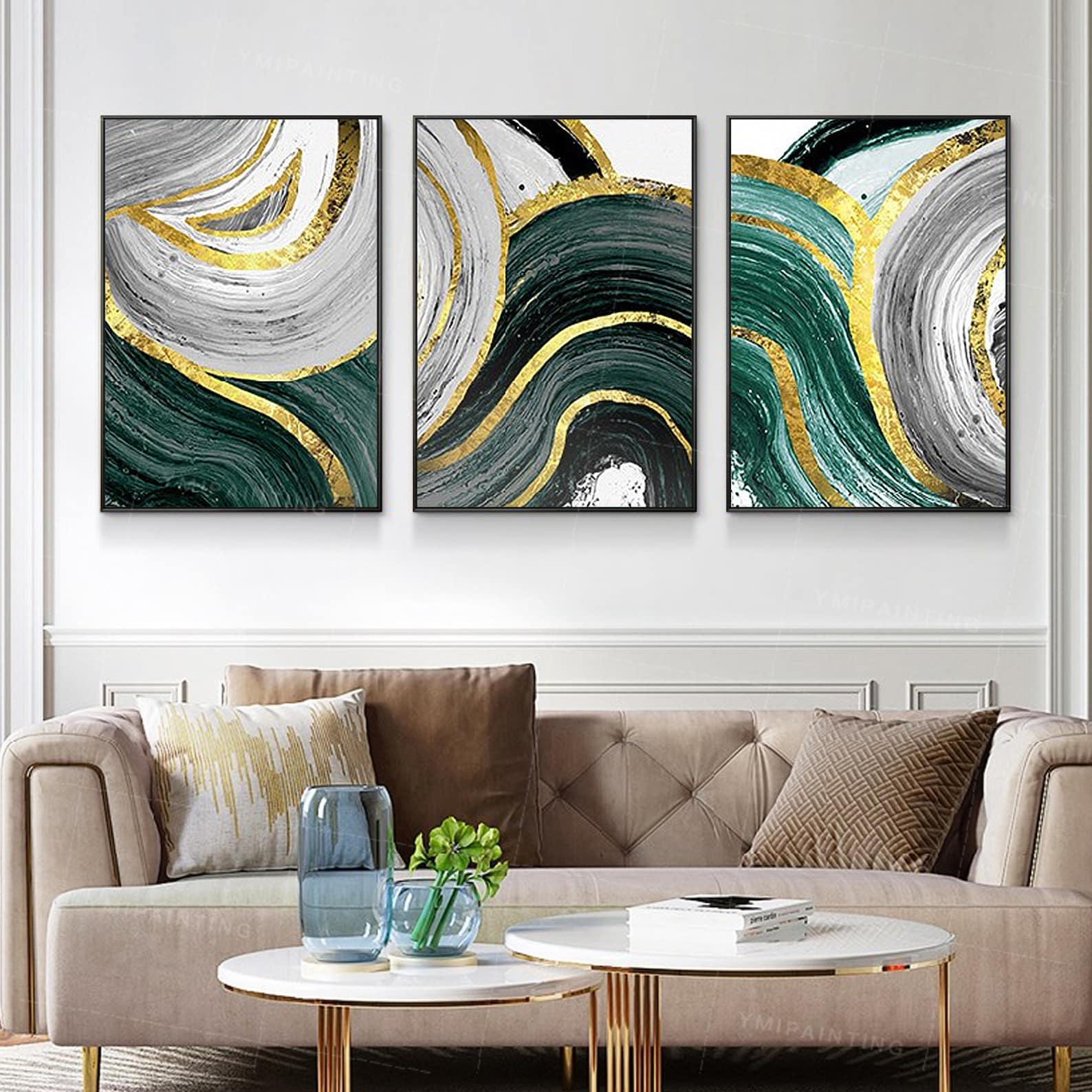 Emerald Green Wall Art Framed Set of 3 Wall Art Gold Leaf Teal Etsy