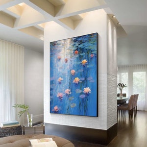 Large monet style painting,impressionist art,water lily painting,blue wall art,floating framed wall art,large lotus oil painting,pond decor