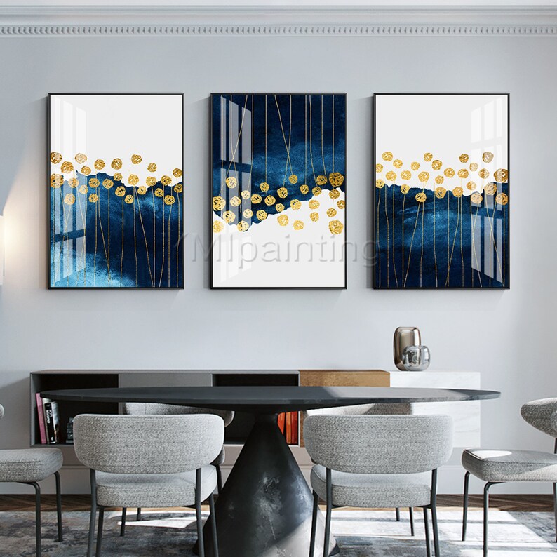 Gold Foral Art Framed Painting Navy Blue Set of 3 Wall Art Etsy