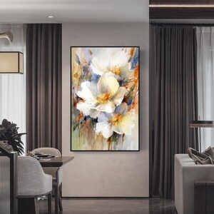 Pintura al óleo de flores blancas: Arte floral con espátula sobre lienzo. imagen 6