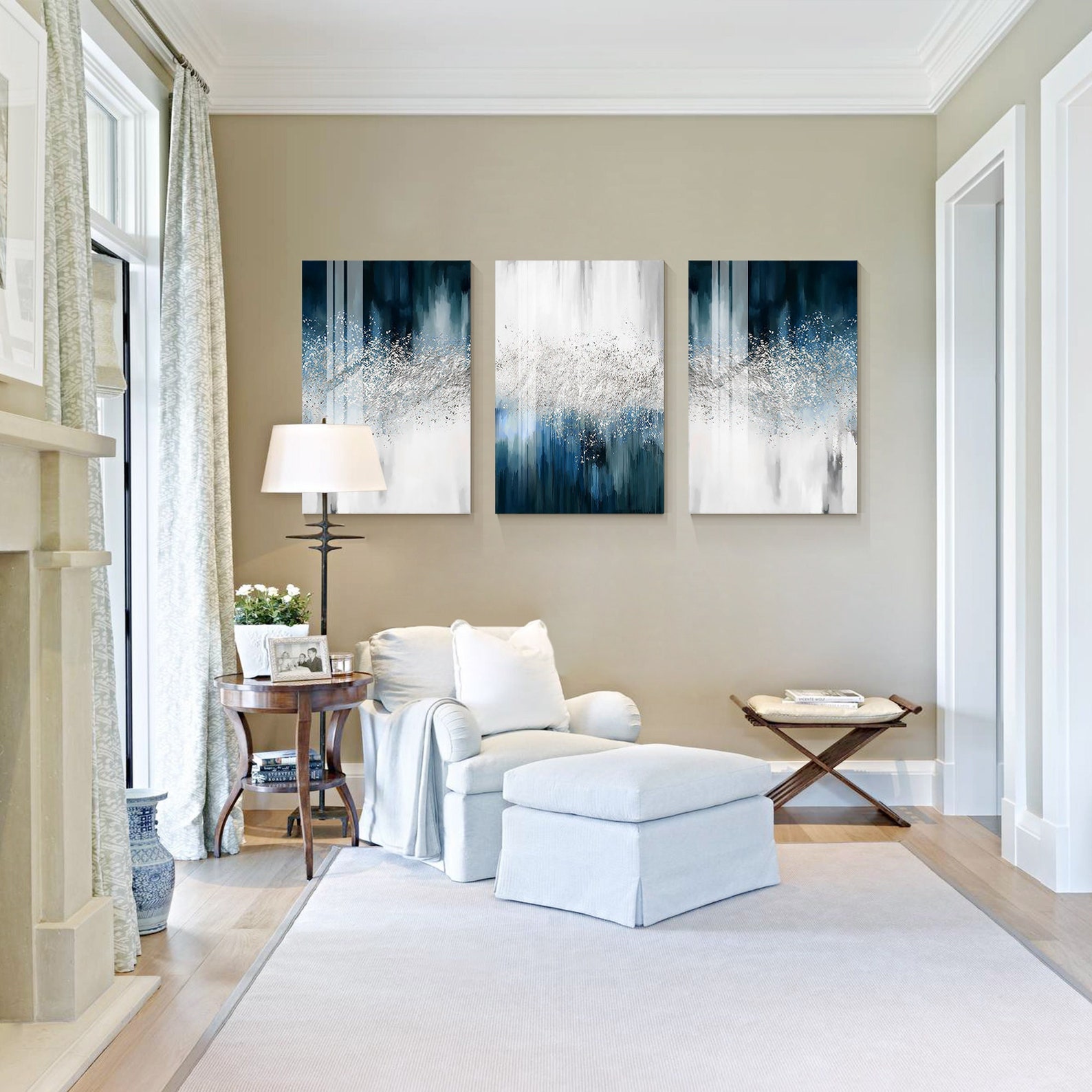 3 Piece Wall Art Silver Glitter Wall Art Painting Setnavy Etsy