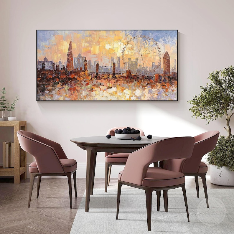 Stylish dining room featuring a 3D London skyline painting above the dining table, textured impasto canvas artwork adding a sophisticated city atmosphere to the modern interior.