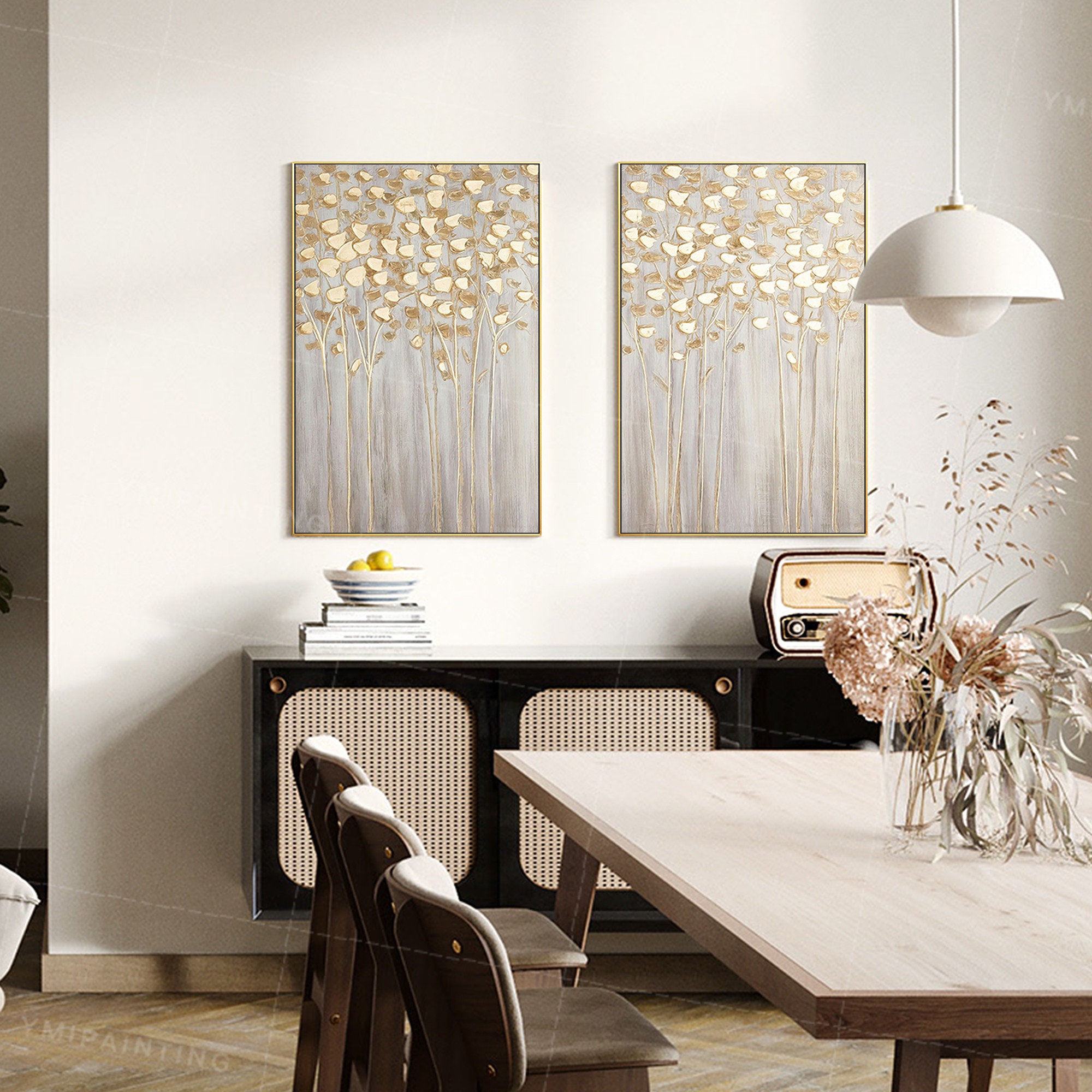 Set of 2 wall art Gold art framed paintings on canvas art Etsy