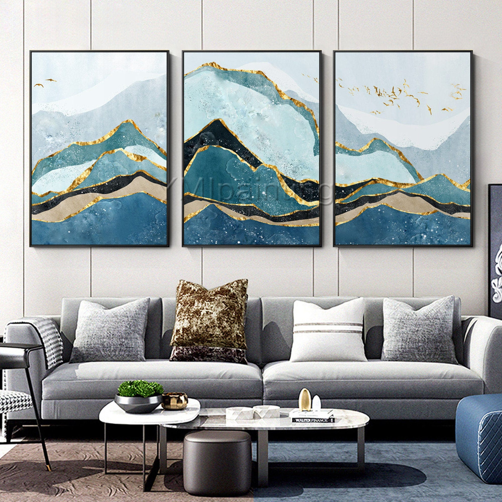 Mountain Painting Gold Art Set Of 3 Wall Art Framed Painting Etsy