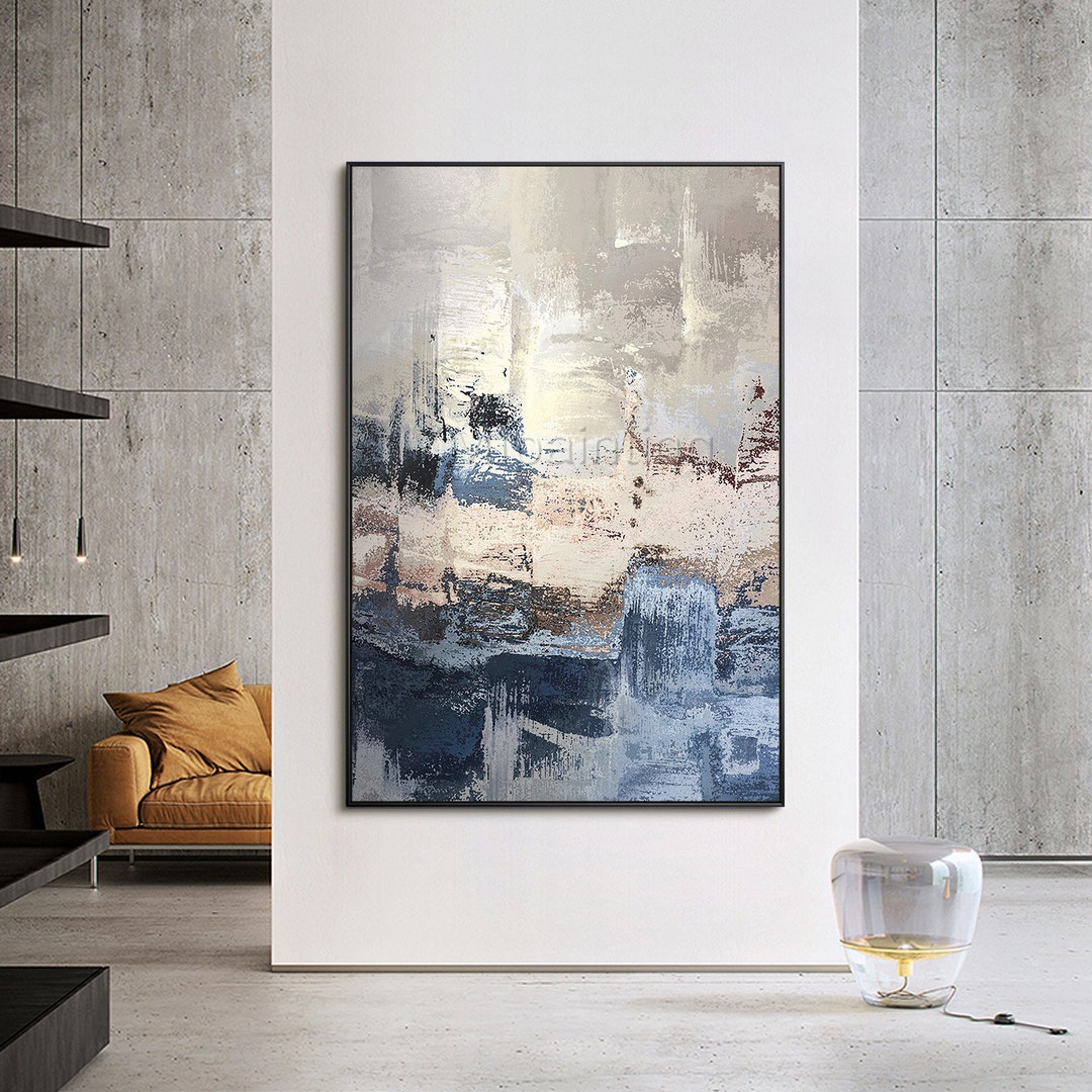 Large Blue Abstract Painting: Modern Geometric Framed Canvas Art - Etsy
