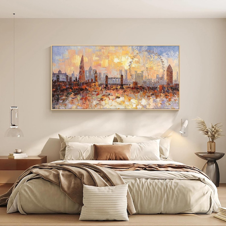 Elegant bedroom with a textured London skyline painting above the bed, 3D impasto cityscape wall art creating a modern and luxurious urban inspired bedroom decor.