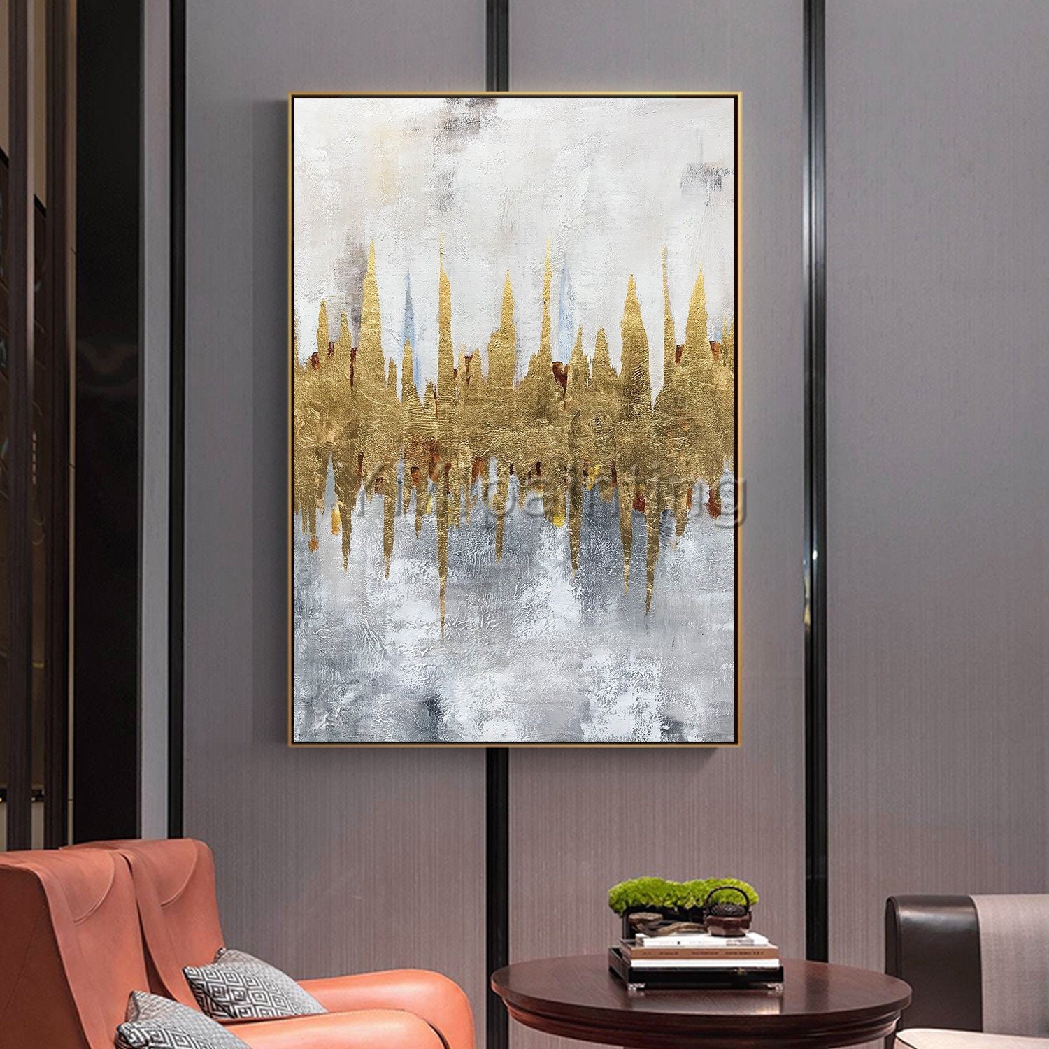 金箔の抽象画：キャンバスに描かれた大型モダンウォールアート - Etsy 日本