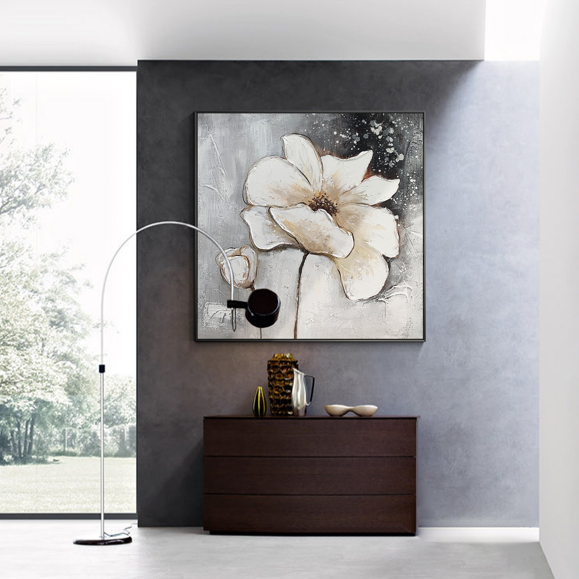 Original White Flower Painting,abstract Brown Flower Art