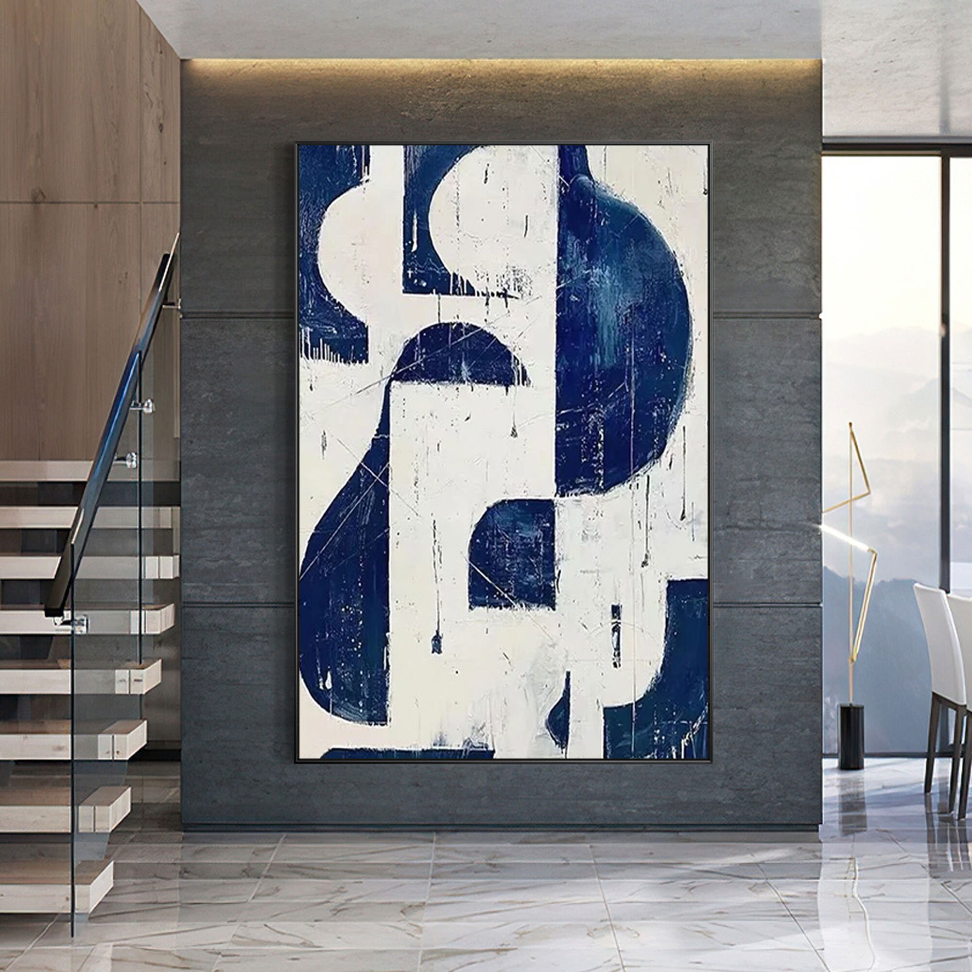 Geometric Navy Blue Painting: Mid-Century Modern Wall Art