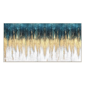 Op de afbeelding: Abstract schilderij met een teal, goud en wit kleurenschema. Het schilderij heeft verticale penseelstreken die een textuur effect cre&euml;ren.