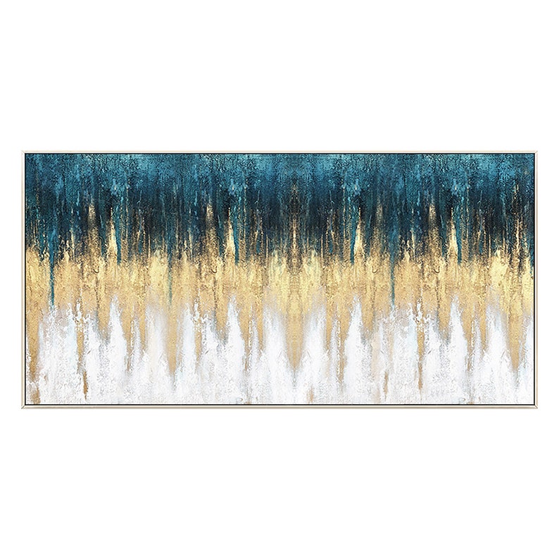Op de afbeelding: Abstract schilderij met een teal, goud en wit kleurenschema. Het schilderij heeft verticale penseelstreken die een textuur effect cre&euml;ren.