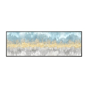May include: Abstract painting with a blue, gray, and gold color scheme. The painting features a horizontal band of gold glitter across the center, with blue and gray brushstrokes above and below.