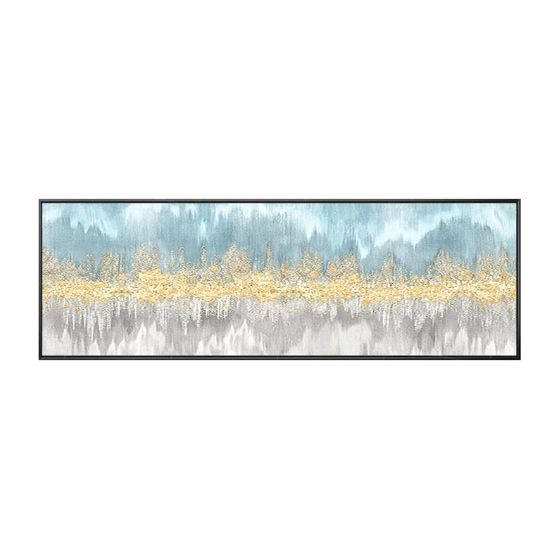 May include: Abstract painting with a blue, gray, and gold color scheme. The painting features a horizontal band of gold glitter across the center, with blue and gray brushstrokes above and below.