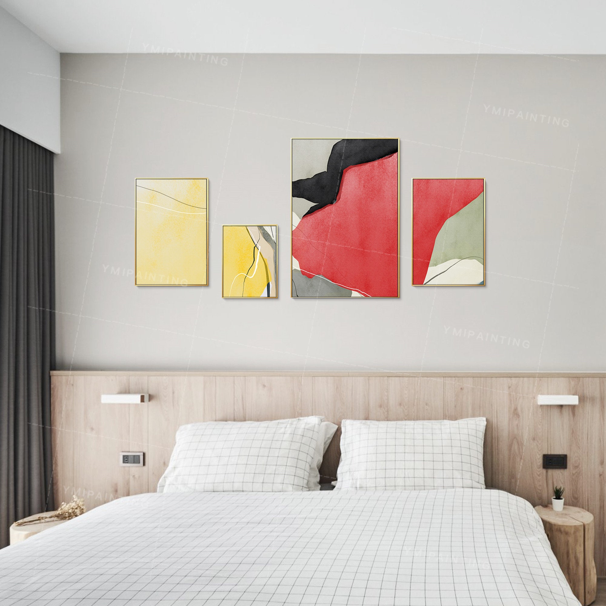 Set of 4 Wall Art Mustard Yellow Art Abstract Acrylic Geometry Etsy