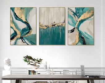 Ensemble de peinture à la feuille d'or vert émeraude : art mural géométrique abstrait, art mural triptyque, art mural salon, art mural horizontal