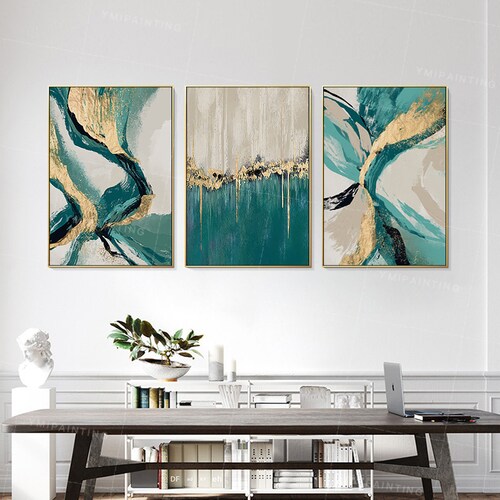 Emerald Green Wall Art Framed Set of 3 Wall Art Gold Leaf Teal Etsy