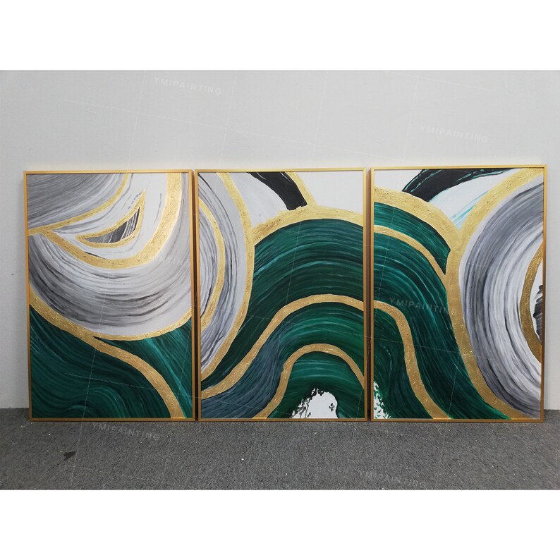 Emerald green wall art Framed painting set of 3 wall art Gold Etsy
