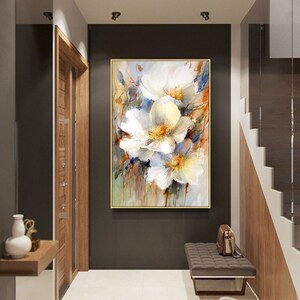 Pintura al óleo de flores blancas: Arte floral con espátula sobre lienzo. imagen 9