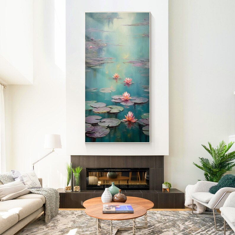 May include: A painting of pink water lilies floating on a pond with green lily pads. The water is a light blue-green color and the background is a soft blue with white clouds.