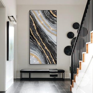 XLarge Black Gold Geode Resin Wall Art with Crystals