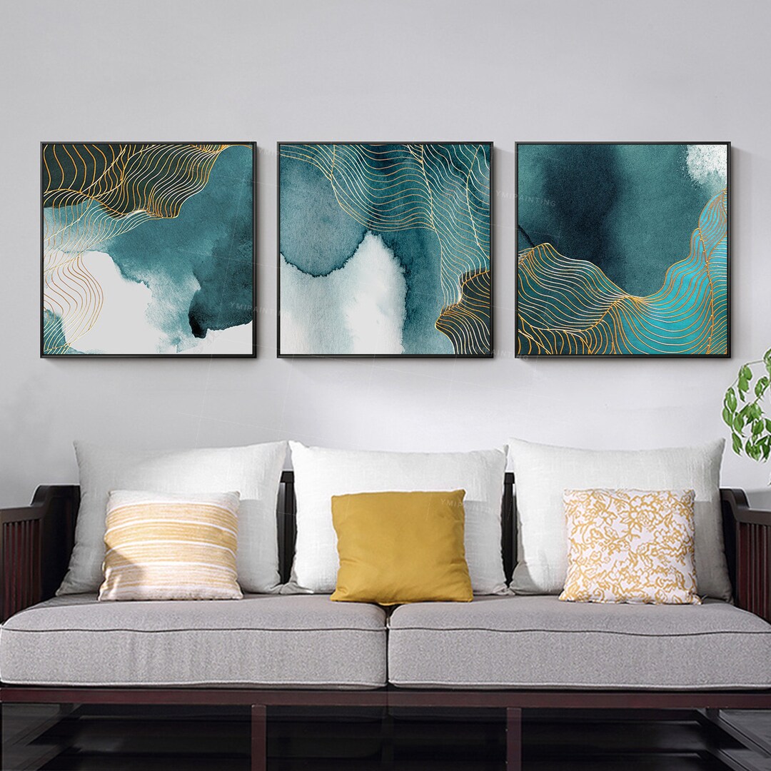 Set of 3 Wall Art Gold Line Painting Navy Sea Paintings on Canvas