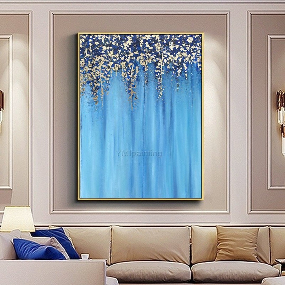 Gold Leaf Acrylic Painting on Canvas Art Extra Large Painting Navy Blue ...