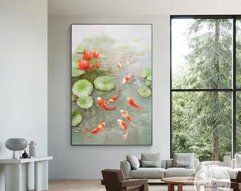 Large Red Koi Fish Painting: Feng Shui Lotus Wall Art