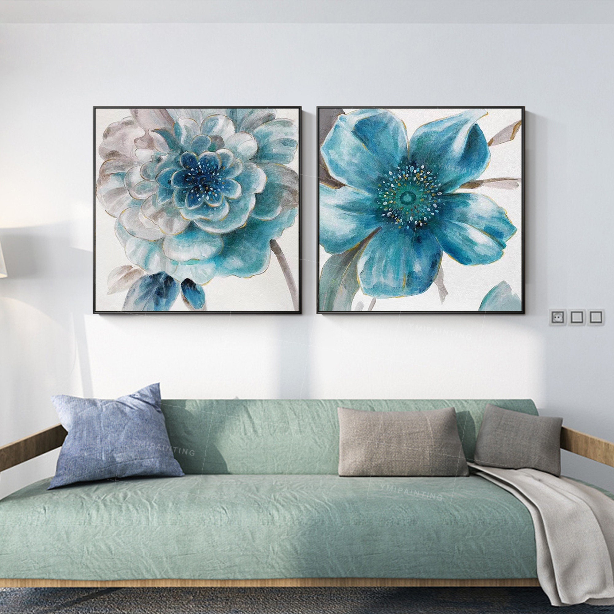 Set of 2 wall art Abstract floral paintings on Canvas art blue Etsy
