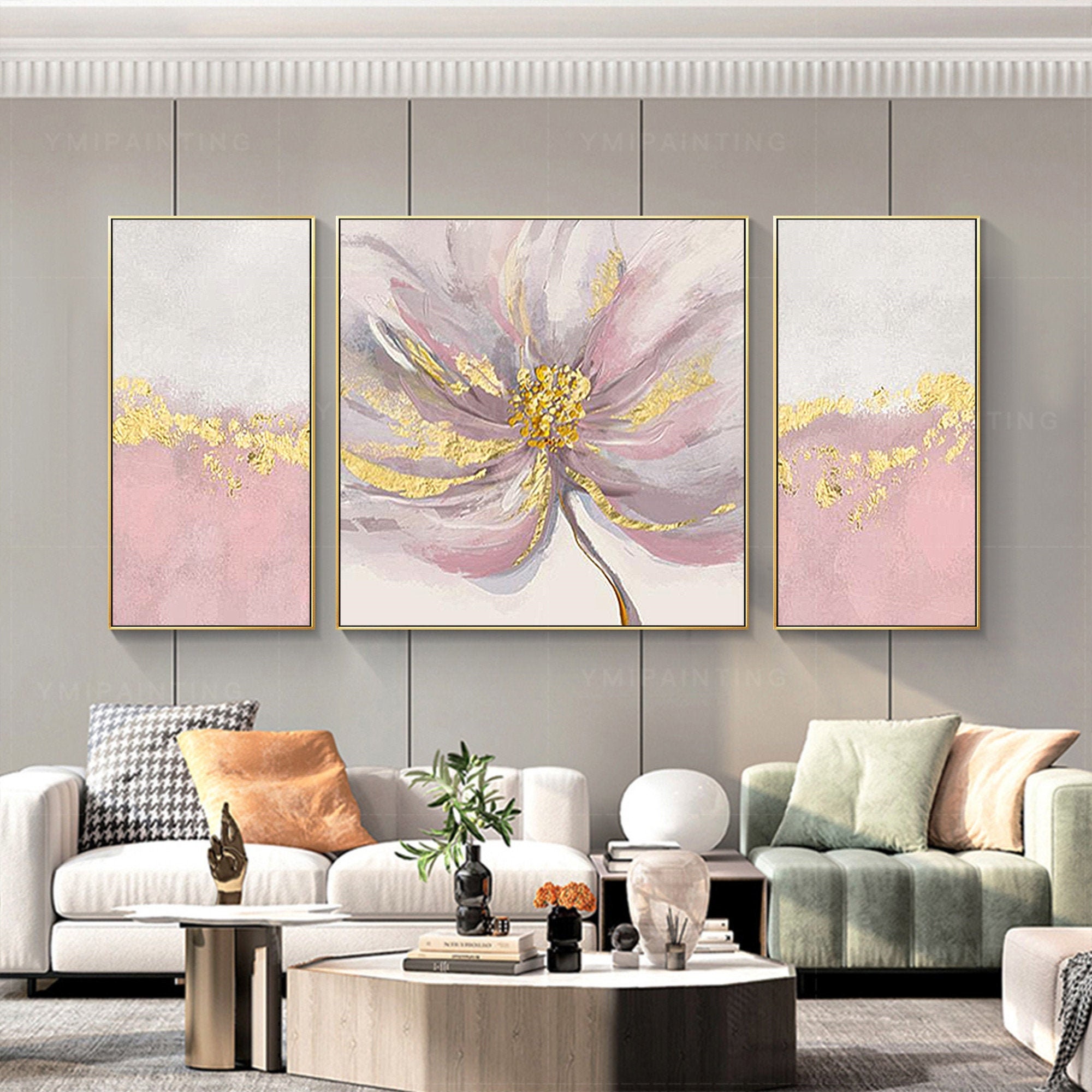 buy online Canvas Watercolor Ink flower Art, painting wall Gold decor  painting framed Frameless 3 Panels wall Abstract Gold painting Wall Black  set of 3 by handmade large abstract painting wall decor