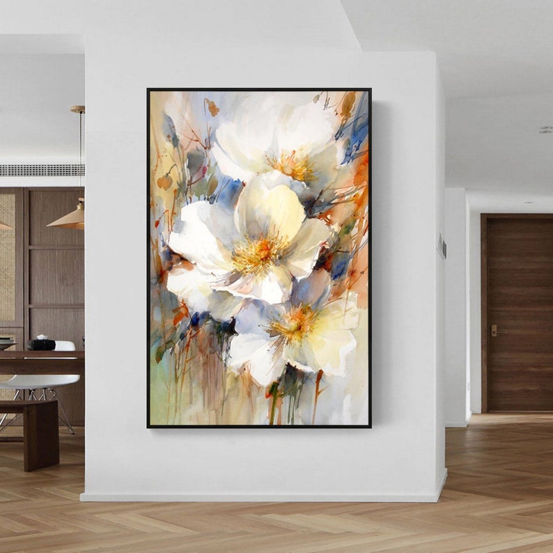 Pintura al óleo de flores blancas: Arte floral con espátula sobre lienzo. imagen 1