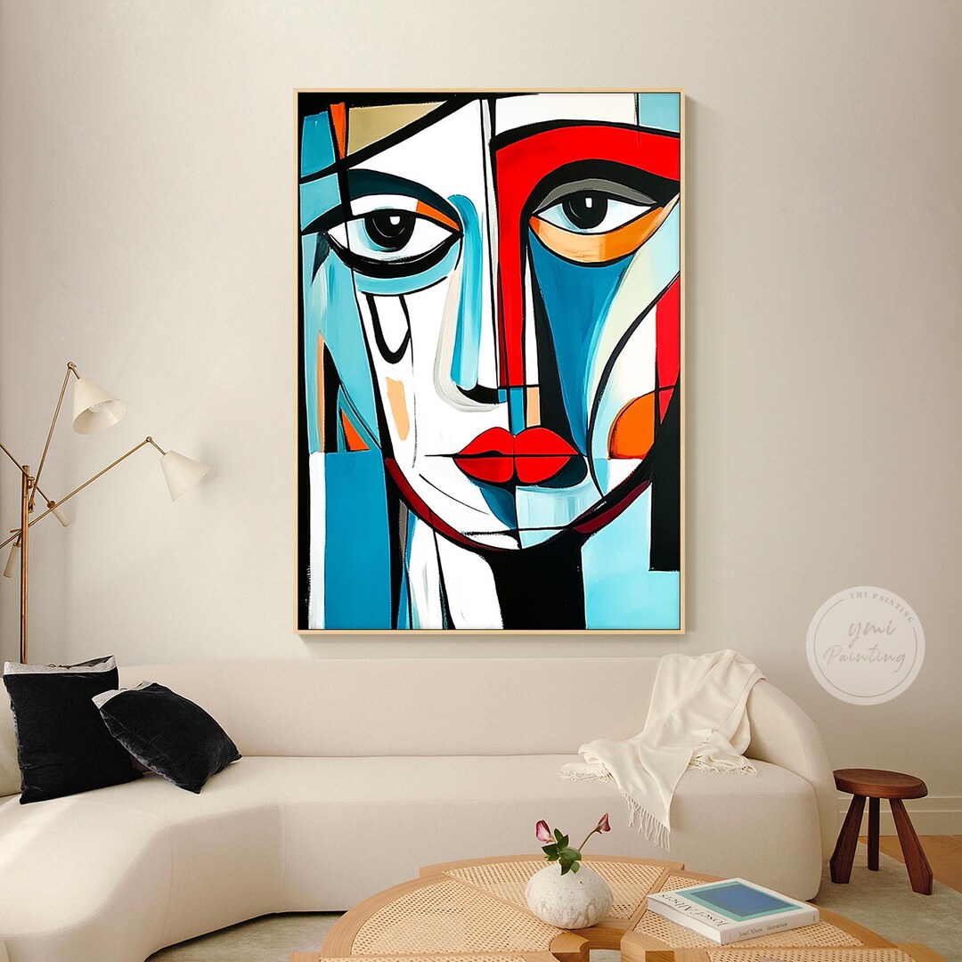 Colorful Cubist Face Wall Art, Modern Geometric Portrait Painting, Bold ...