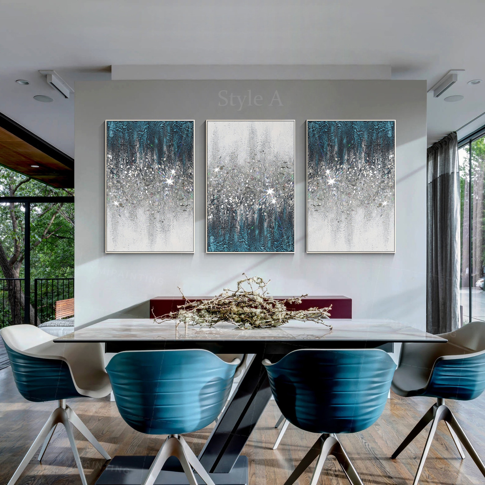 Glitter Paintinglarge 3 Piece Wall Artcrushed Glass Blue Etsy