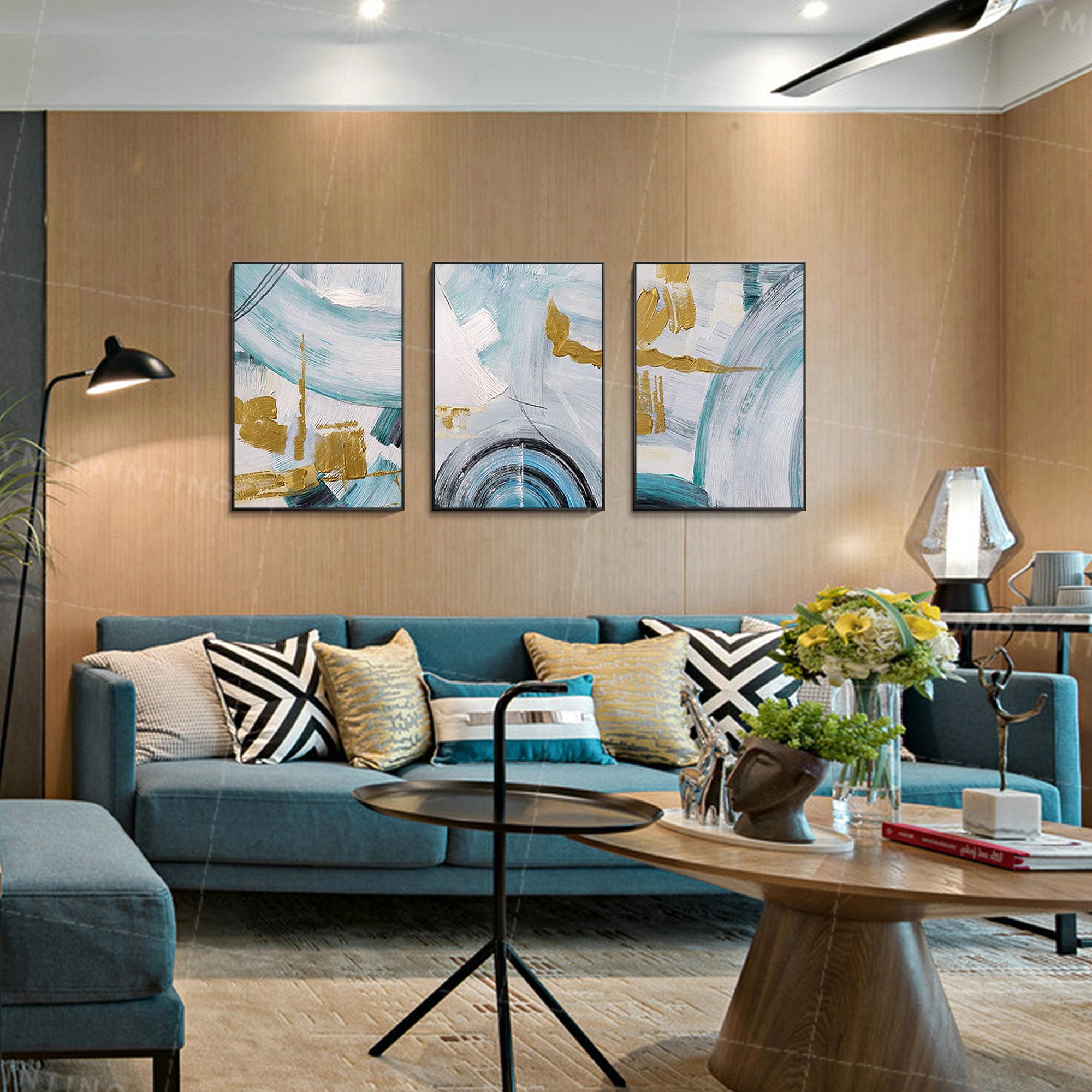 Gold art Framed painting 3 piece wall art abstract Geometric Etsy