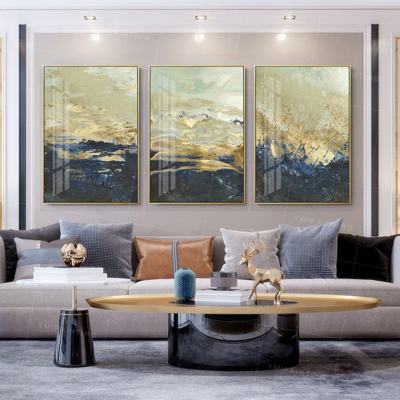 Gold art Framed painting Navy blue sea wave set of 3 Wall Art Etsy