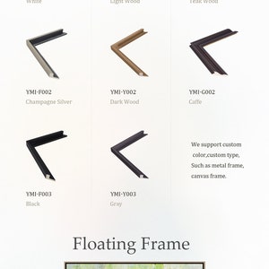 May include: A selection of nine different floating frames made of imported pine wood. The frames are shown in various colours, including white, light wood, teak wood, champagne silver, dark wood, caffe, black, and grey. The text "Material: Imported Pine" and "Floating Frame" is also visible in the image.