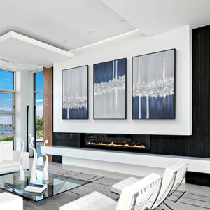 Set of 3 Glitter Painting: Navy Blue Minimalist Wall Art