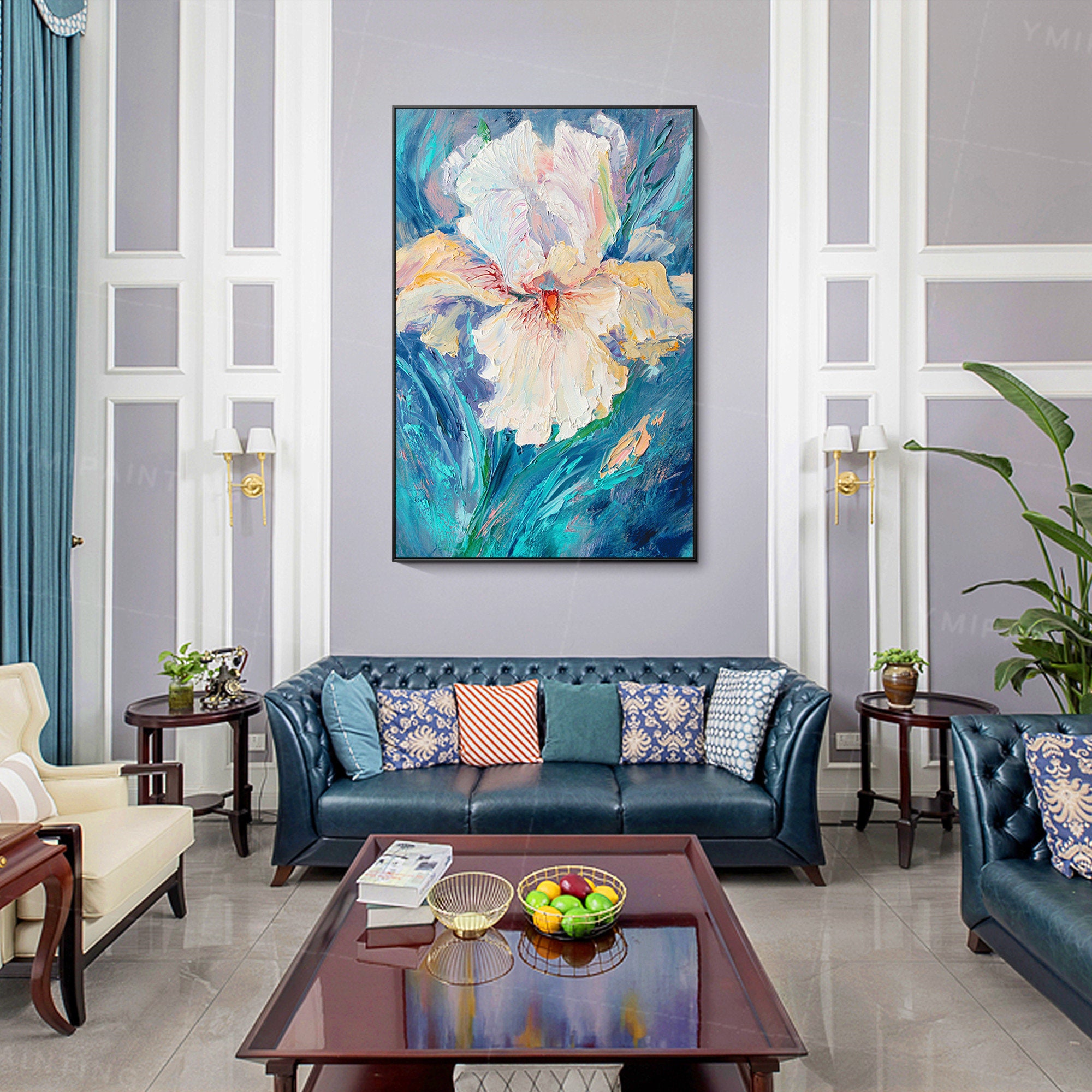 Framed Abstract Floral Painting: Blue Palette Knife Texture, Acrylic on ...