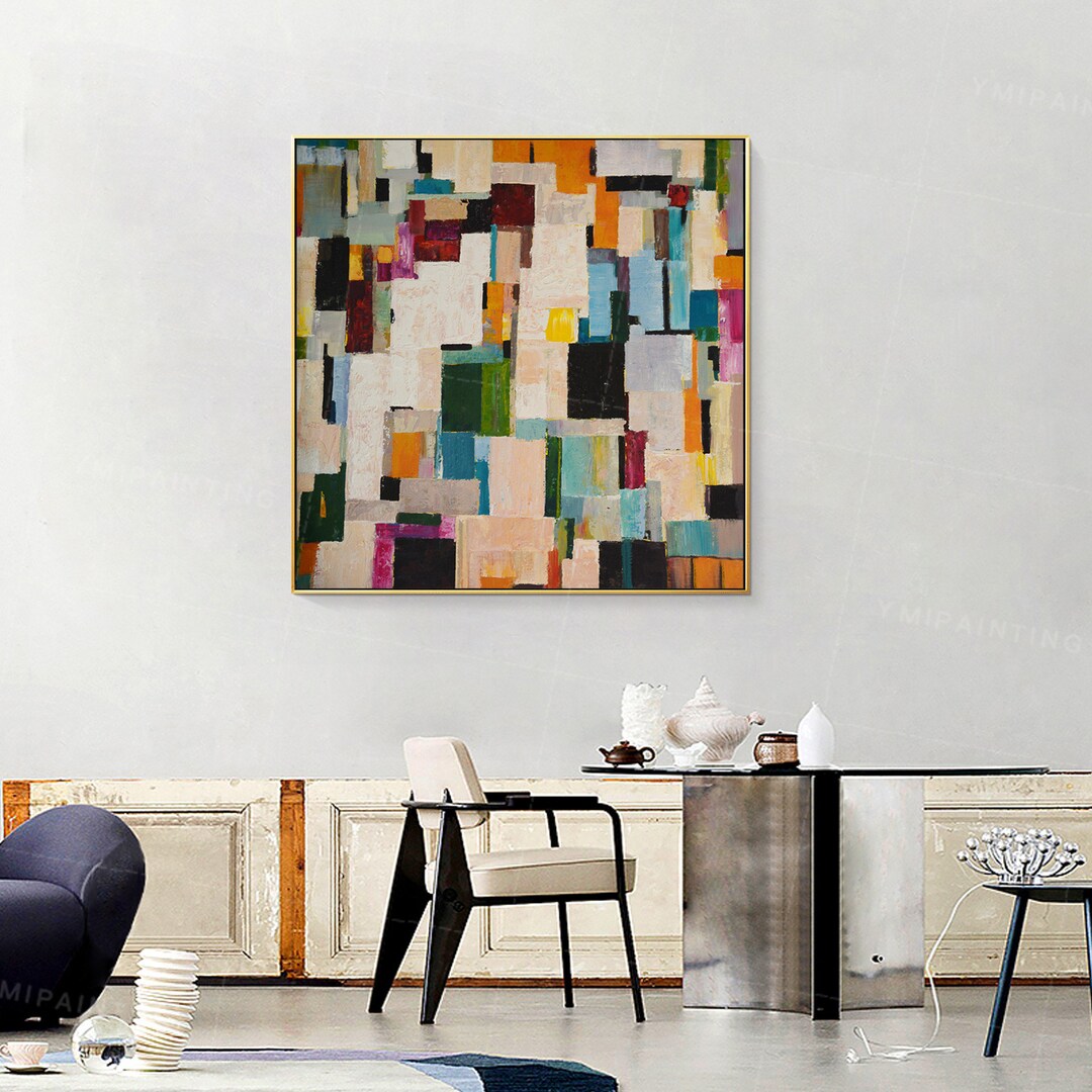 Geometric Painting Framed Wall Art Green Colorful Paintings on Canvas