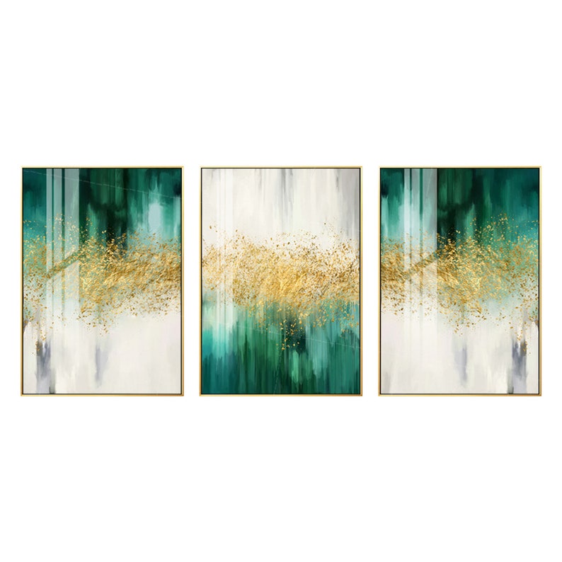 3 piece wall art Gold art emerald green decor Framed painting | Etsy