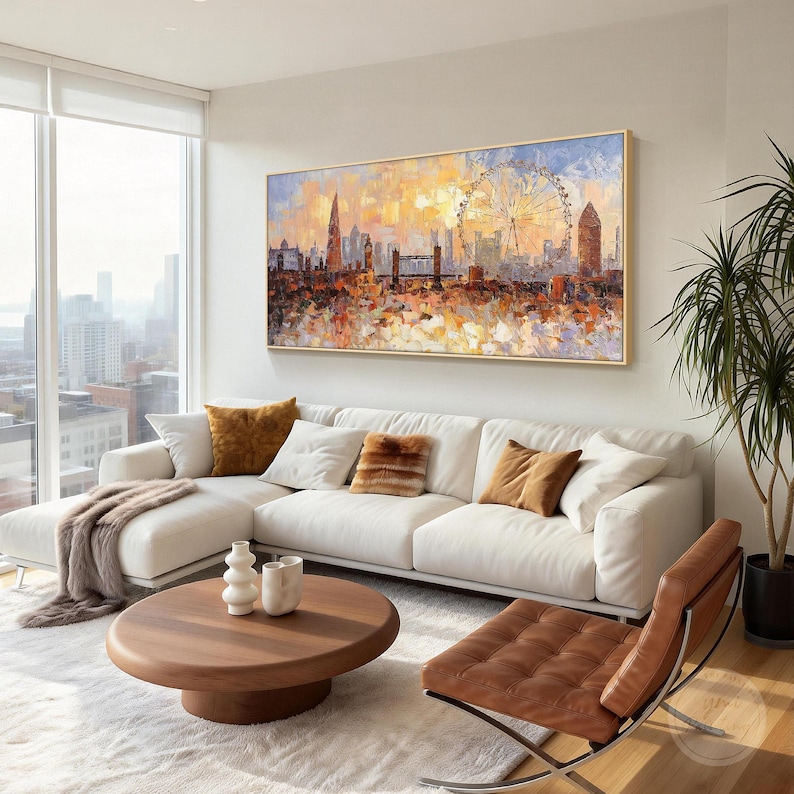 Luxury apartment living room decorated with a London skyline canvas painting, 3D impasto city artwork displayed on the wall above the couch, elegant urban interior design.