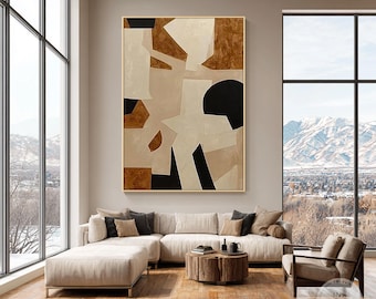 Abstrakte geometrische Wandkunst, minimalistische neutrale Ton-Leinwand, großer schwarzer beige brauner zeitgenössischer Kunstdruck der Mitte des Jahrhunderts