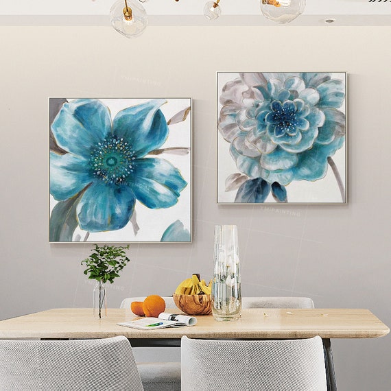 Set of 2 Wall Art Abstract Floral Paintings on Canvas Art Blue Etsy