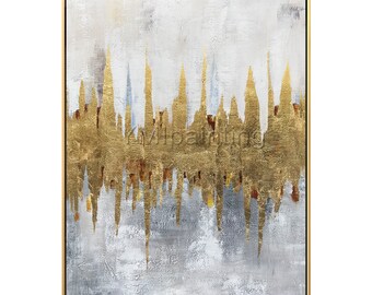 金箔の抽象画：キャンバスに描かれた大型モダンウォールアート - Etsy 日本