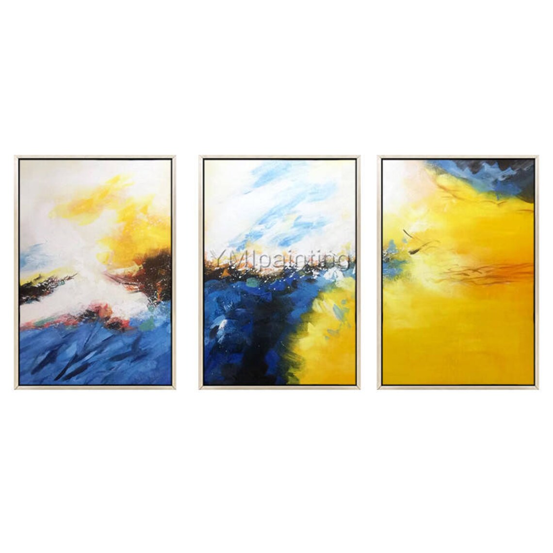 3 Piece Wall Art Framed Painting Mustard Navy Blue Abstract Etsy