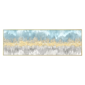 May include: Abstract painting with a blue and gray background and a gold stripe in the middle. The painting is framed in a gold frame.