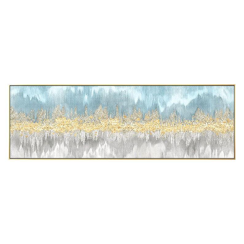 May include: Abstract painting with a blue and gray background and a gold stripe in the middle. The painting is framed in a gold frame.