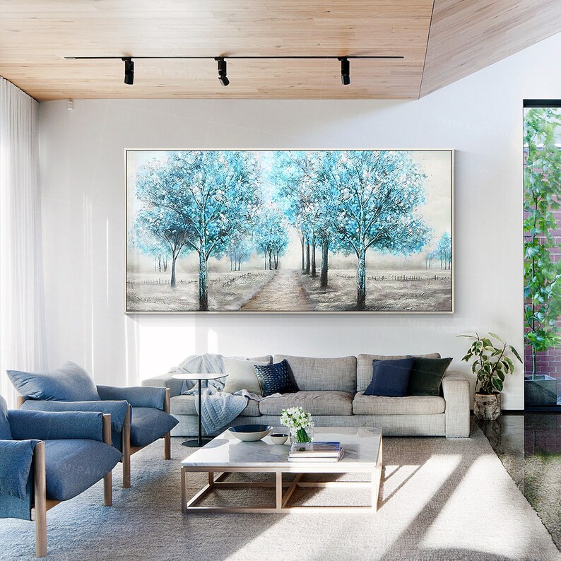 Tree painting/Canvas painting/Modern art/Large art/Framed wall art/Teal blue Blomming painting/Heavy Textured art/Bedroom wall art Ymipaint shops
