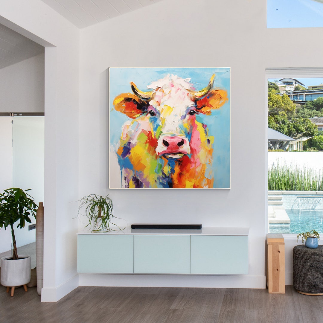 Colorful Cow Painting: Large Original Acrylic Canvas Art,living