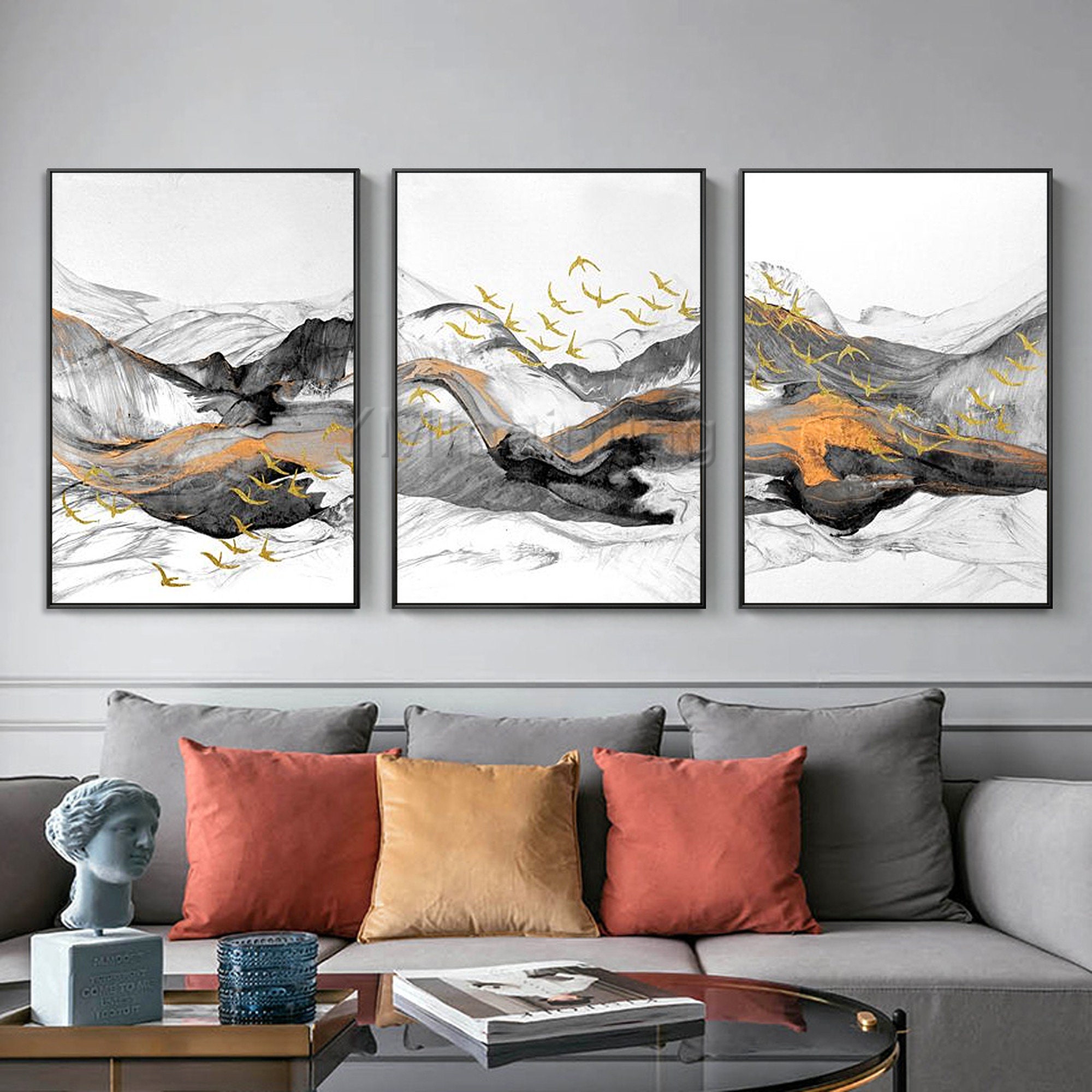 3 Pieces Wall Art Gold Art Abstract Painting Black Paintings Etsy