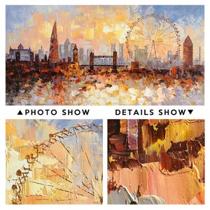 May include: A painting of a cityscape with a Ferris wheel in the background. The painting is done in a thick, impasto style with bright colors. The cityscape includes buildings, a bridge, and a river. The Ferris wheel is a bright yellow and red. The painting is a vibrant and colorful depiction of a city.